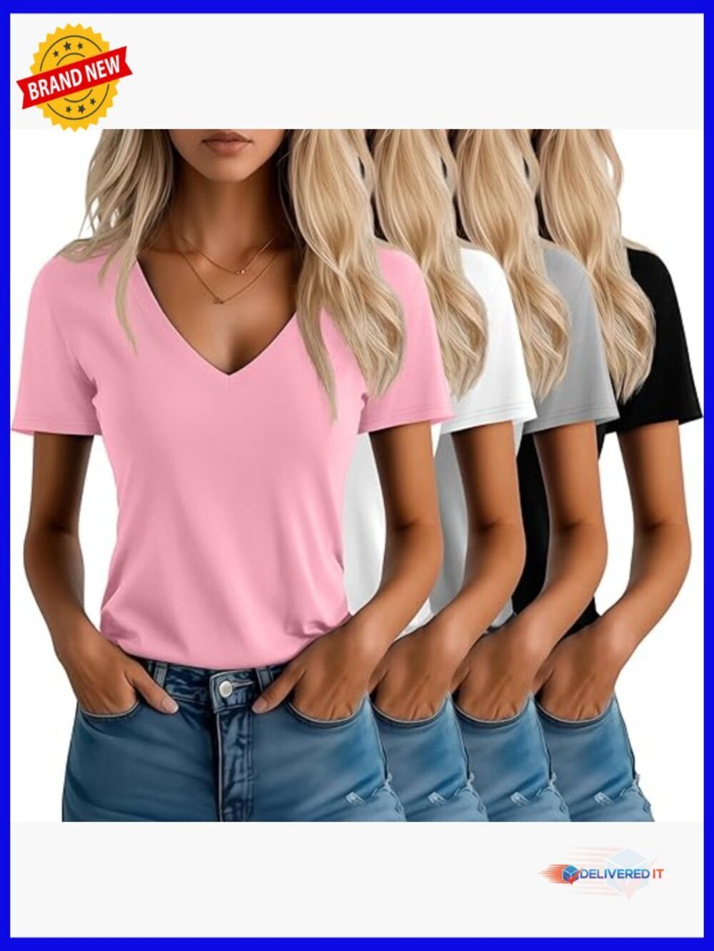 4 Pack V-Neck T-Shirts Short Sleeve Loose Fit Basic Tees